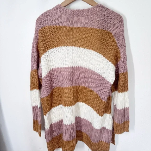 Debut Striped Open Front Long Cardigan Sweater S/M Pink Orange - Picture 4 of 4